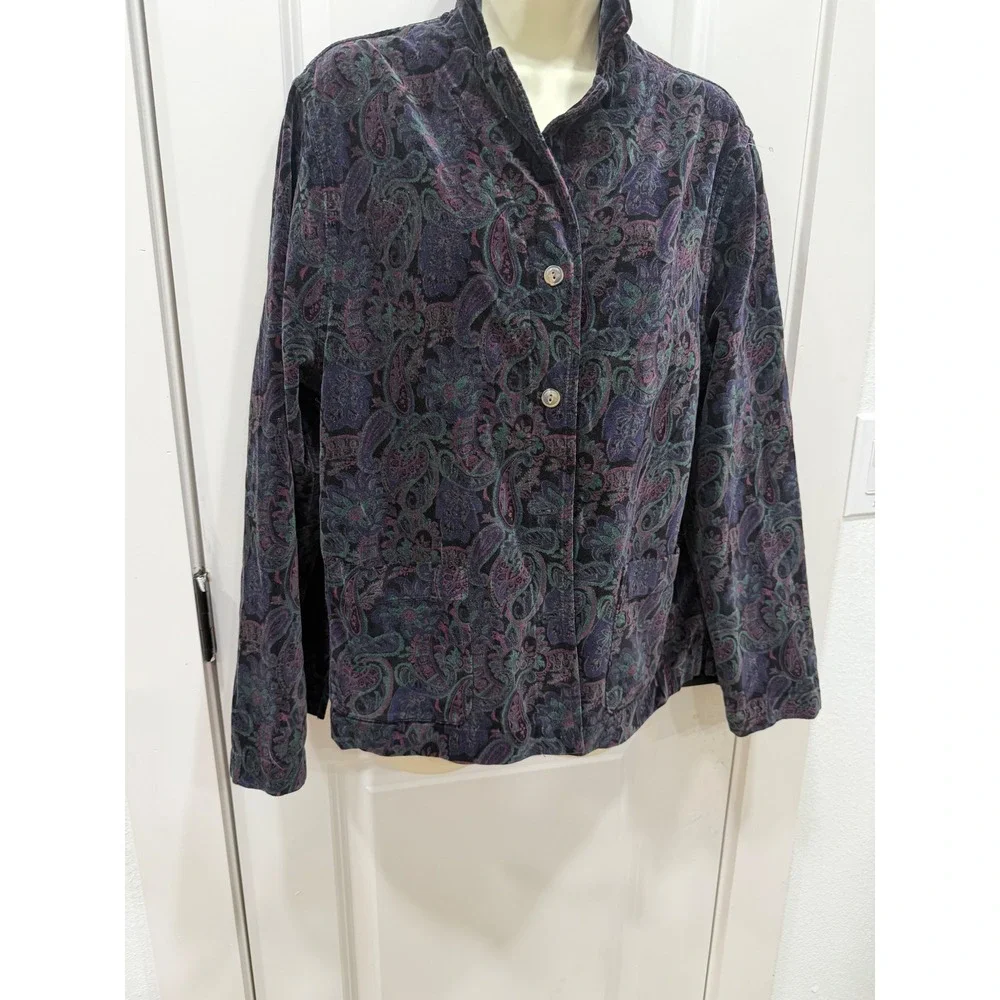 Vintage Paisley Velvet Jacket Women's Button Up Collar Blue Purple‎ Green M